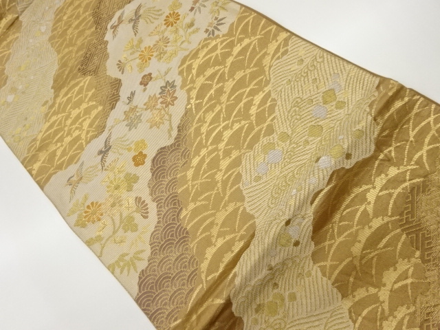 道長取に秋草・鳥・波模様織出し袋帯